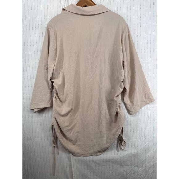 B Brand Womens Top Sz L Beige Ruched Collared Popover Tunic Beachy Minimalist - Picture 5 of 10